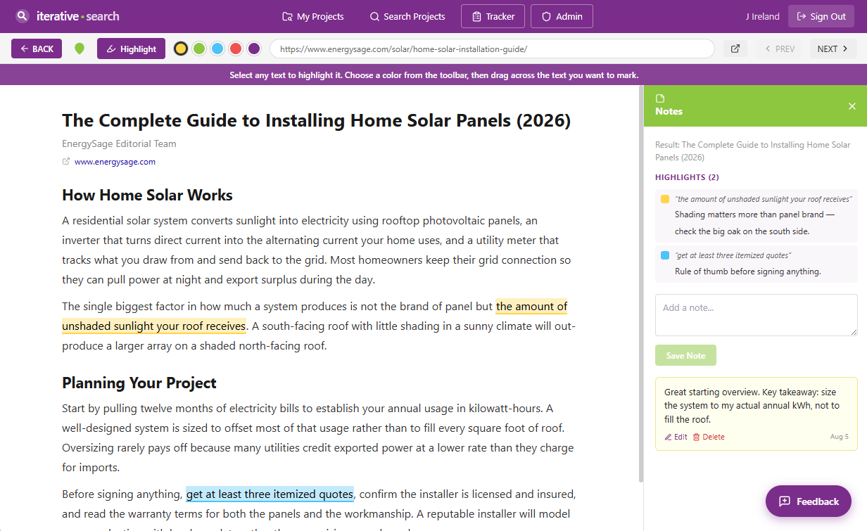 Page annotation interface showing notes on a research page
