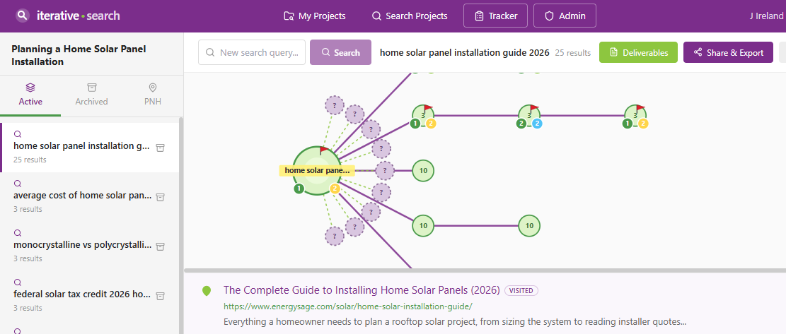 Iterative Search interface showing the visual search map with connected research nodes